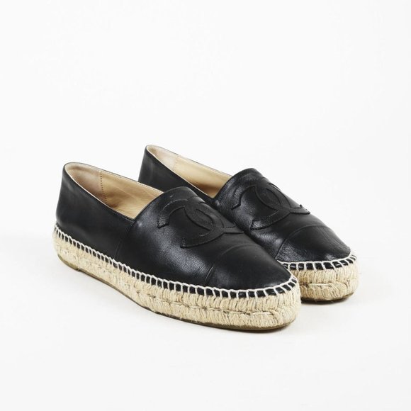 Chanel Black Leather Platform Espadrille Flats 8 - Picture 1 of 7